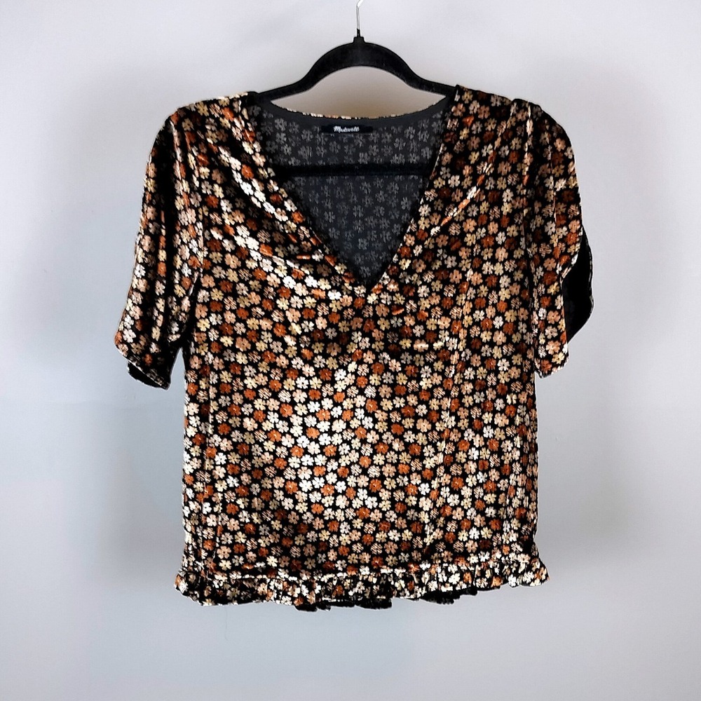 Madewell Burnout Velvet Floral Wrap Top Womens‎ Small Black Copper Ruffle K2795